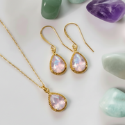 Opalite exquisite necklace and earring set in gold, October birthstone jewelry