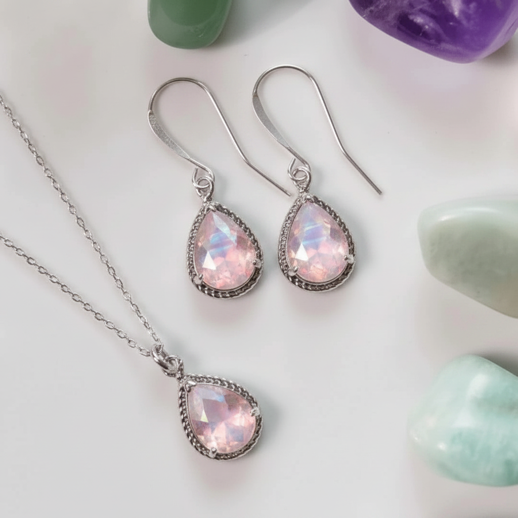 Opalite exquisite necklace and earring set in silver, October birthstone jewelry