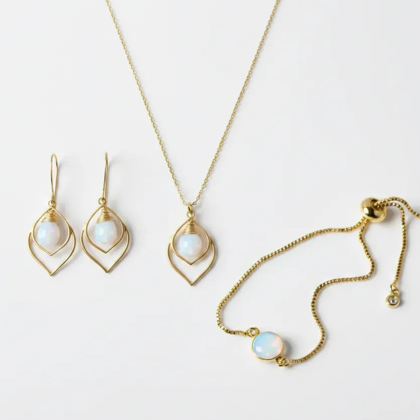 Opalite teardrop earrings with matching adjustable opalite bracelet — October birthstone jewelry for calm and intuition