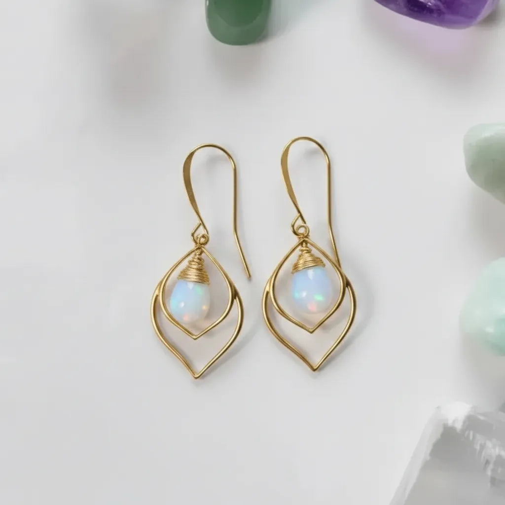 Gold opalite teardrop drop earrings with iridescent milky stone — October birthstone jewelry