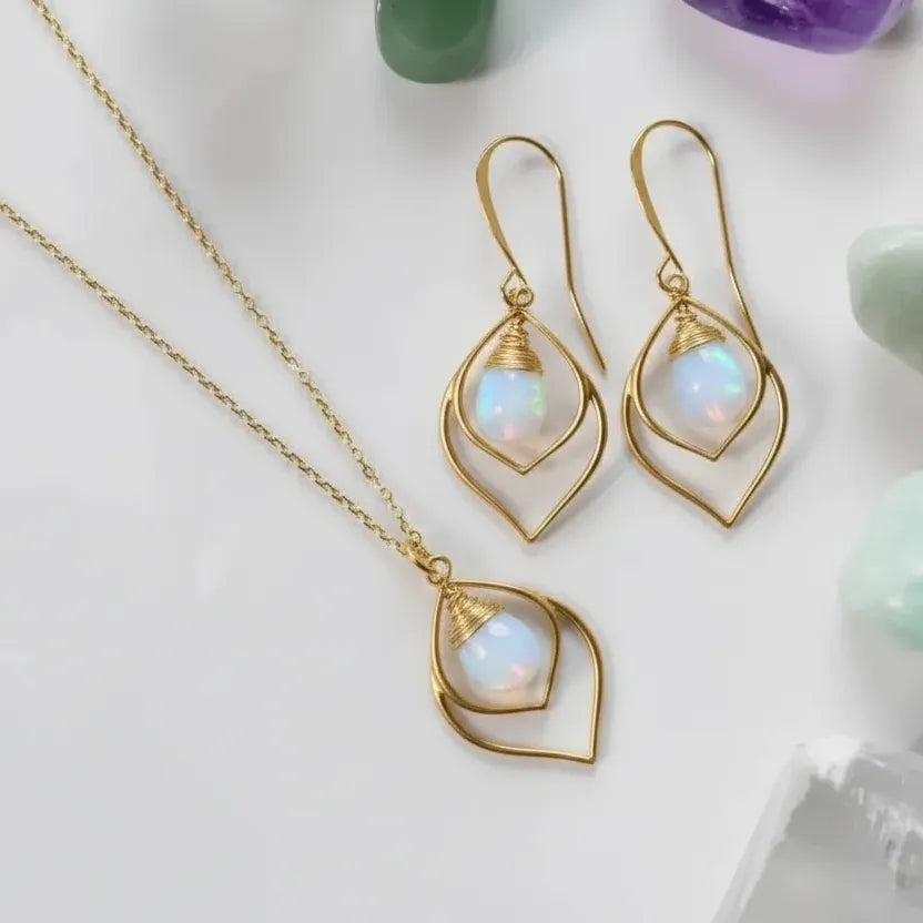 Gold opalite teardrop necklace and matching drop earrings set — October birthstone jewelry for calm and intuition