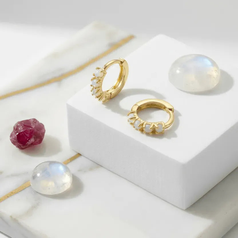 opalite huggies gold birthstone earrings
