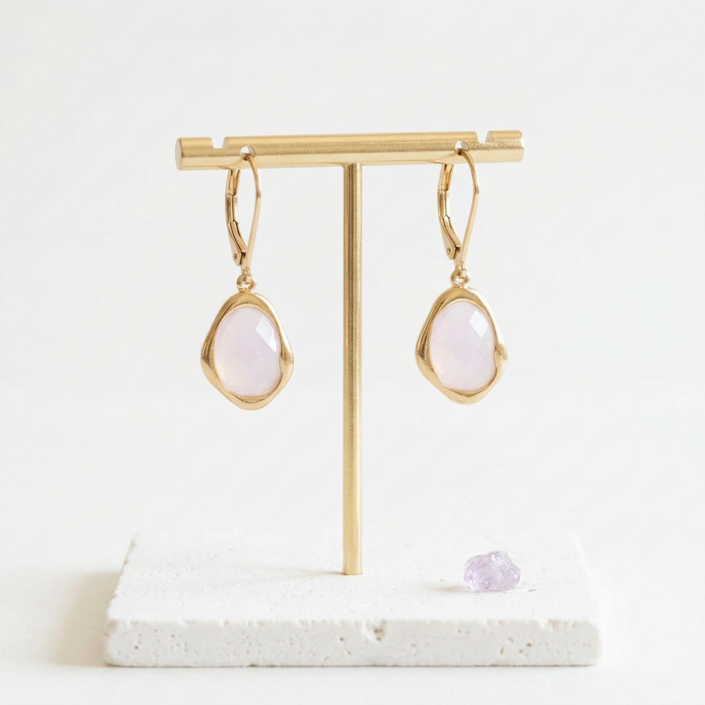 Gold organic opalite glass drop earrings on leverbacks, opal-inspired
