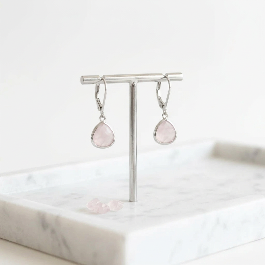 Silver Petite Pebble leverback earrings in opalite glass, opal-inspired shimmer, hanging view