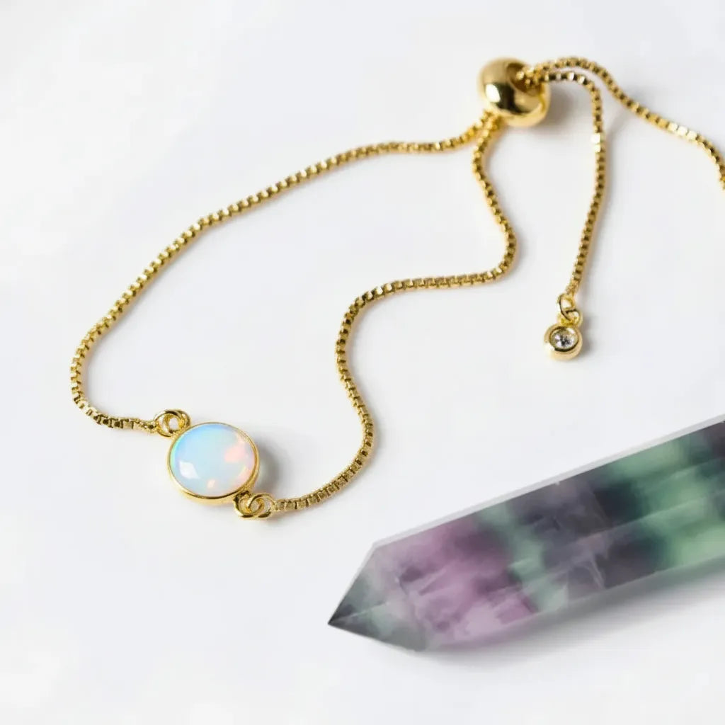gold opalite slider bracelet with iridescent bead — crystal jewelry for calm and intuition