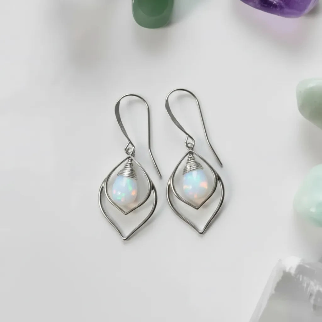 Silver opalite teardrop drop earrings with iridescent milky stone — October birthstone jewelry