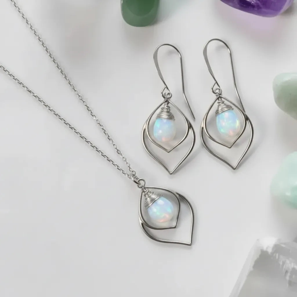 Silver opalite teardrop necklace and matching drop earrings set — October birthstone jewelry for calm and intuition