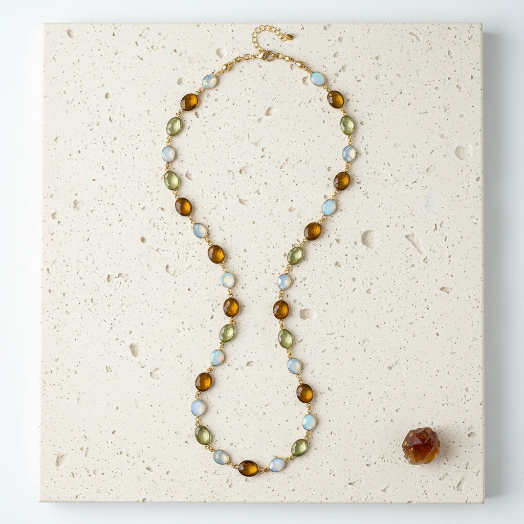 Opalite, smoky quartz and citrine bezel-set gemstone chain necklace in gold plate