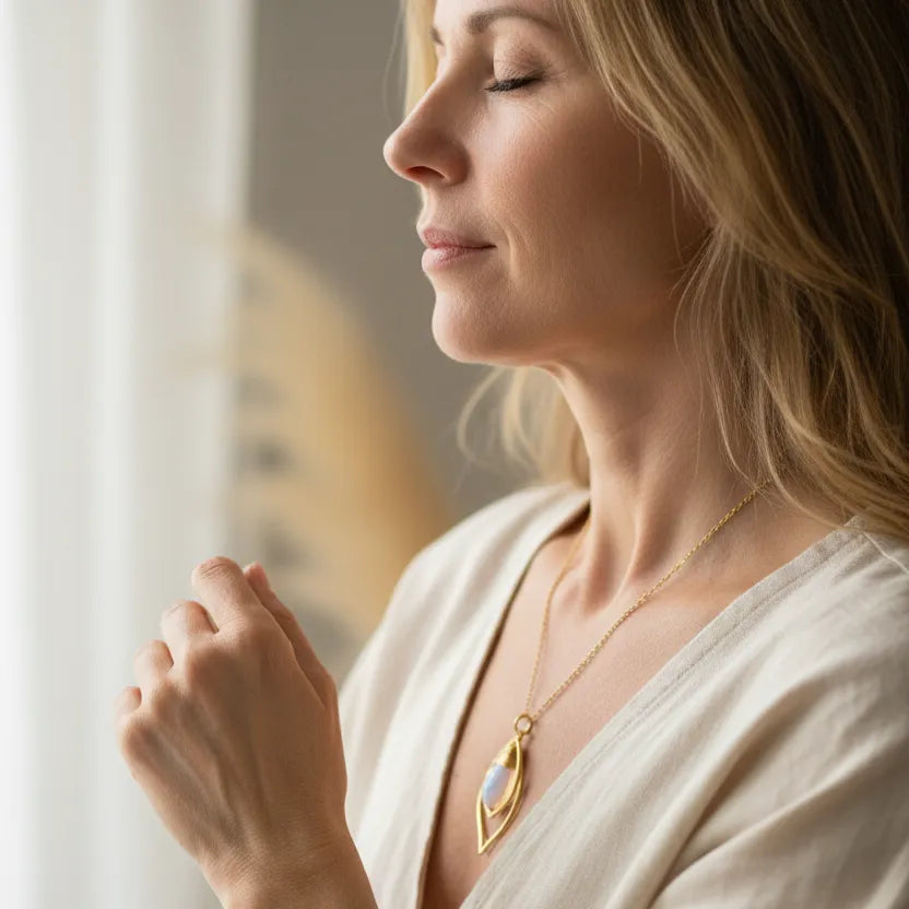 Gold opalite teardrop pendant necklace close-up — crystal necklace for calm and intuition