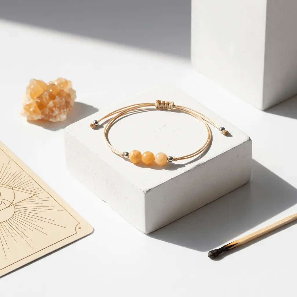 Gold bracelet with yellow beads on a white block, next to a crystal and tarot card on a light surface.