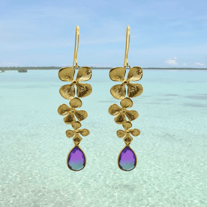 Orchid Earrings | Peacock Aura 3 Bloom Plumeria Gold Earrings - Mystic Soul Jewelry