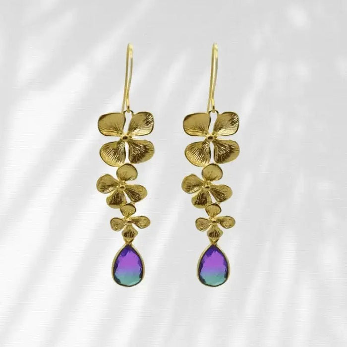 Orchid Earrings | Peacock Aura 3 Bloom Plumeria Gold Earrings - Mystic Soul Jewelry