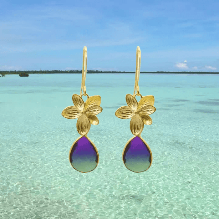 Orchid Earrings - Peacock Aura Single Bloom Plumeria Gold Earrings - Mystic Soul Jewelry