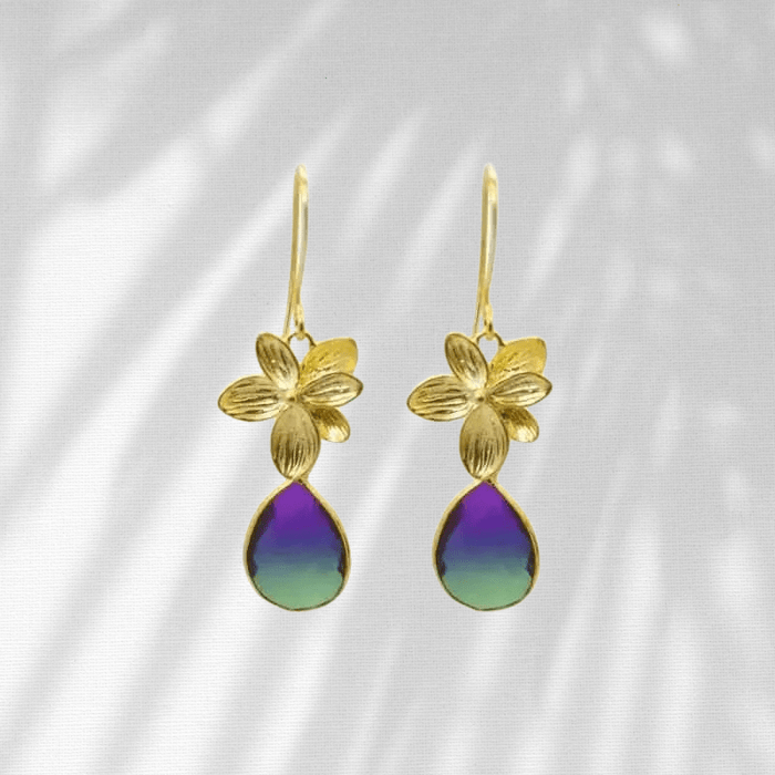 Orchid Earrings - Peacock Aura Single Bloom Plumeria Gold Earrings - Mystic Soul Jewelry