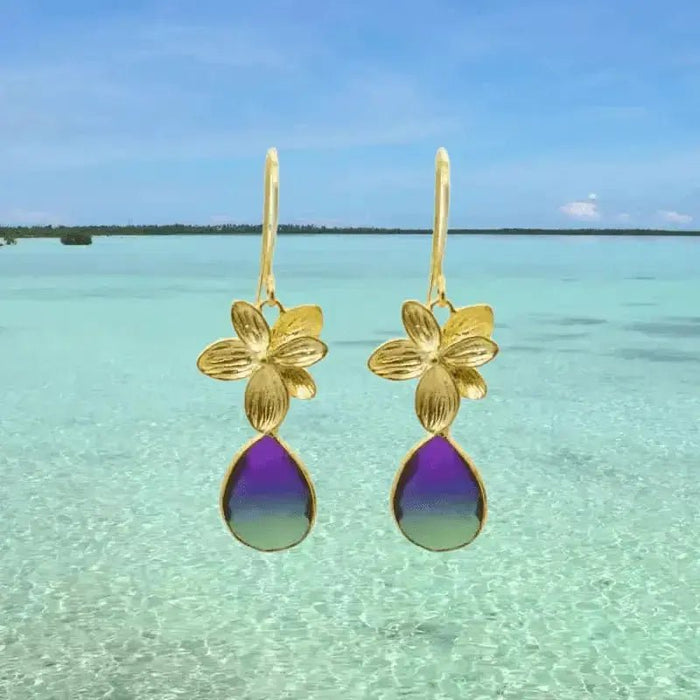 Orchid Earrings - Peacock Aura Single Bloom Plumeria Gold Earrings - Mystic Soul Jewelry