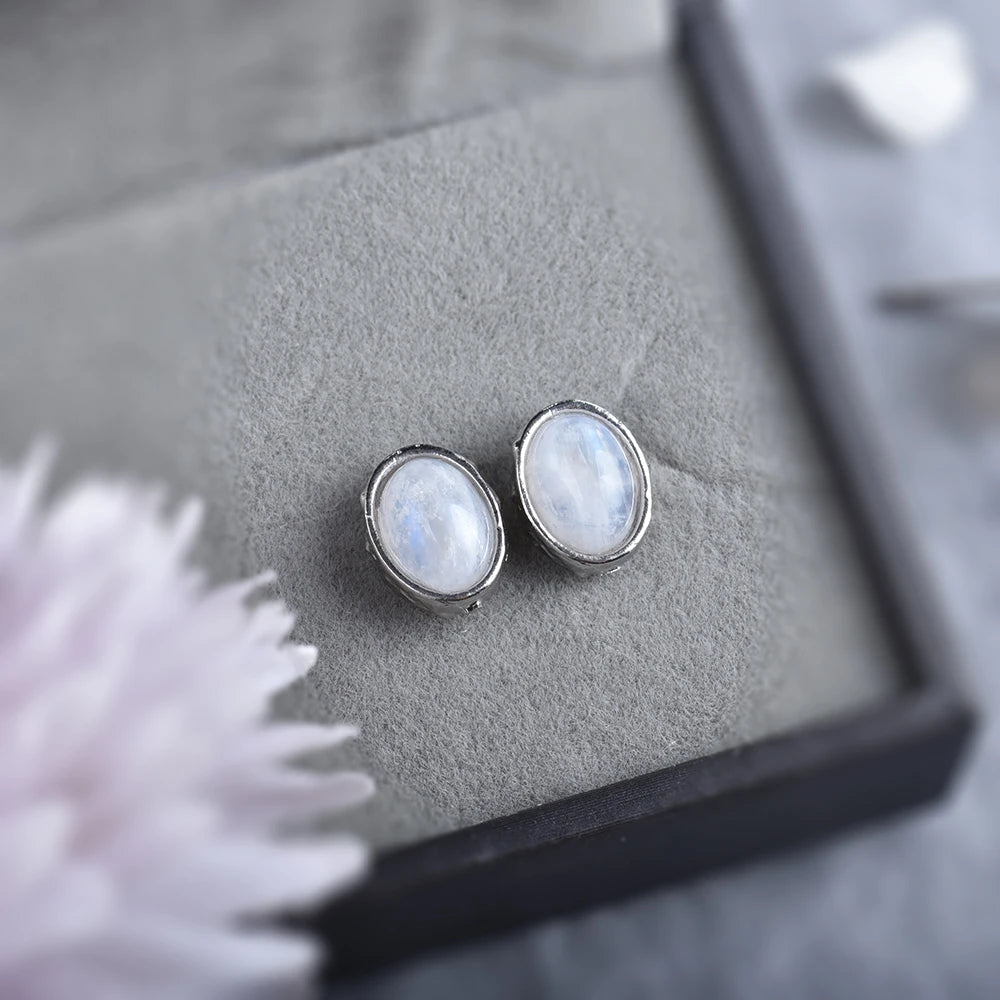 Pair of oval gemstone stud earrings in sterling silver, boxed and ready to gift