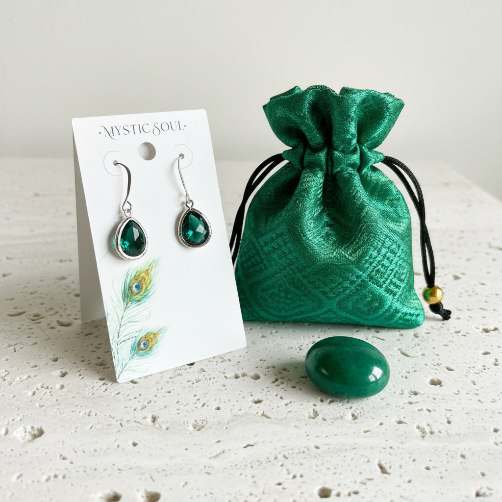 Emerald green faceted glass drop earrings in silver plated brass, on a Mystic Soul Jewelry card