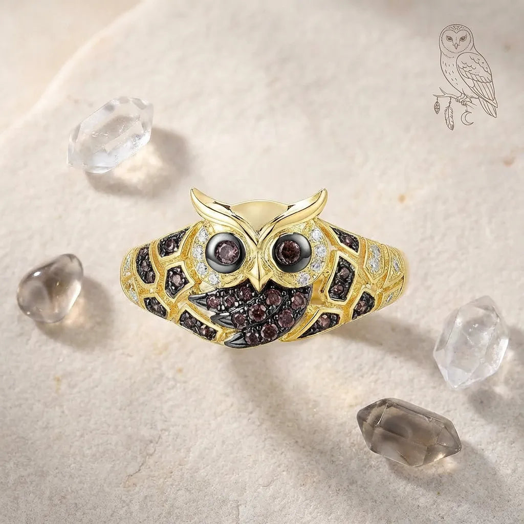 Gold owl-shaped ring with gemstones on a textured surface with crystals