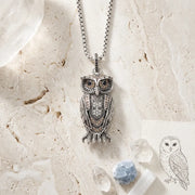Silver owl pendant necklace on a textured stone surface with crystals and an inset illustration.
