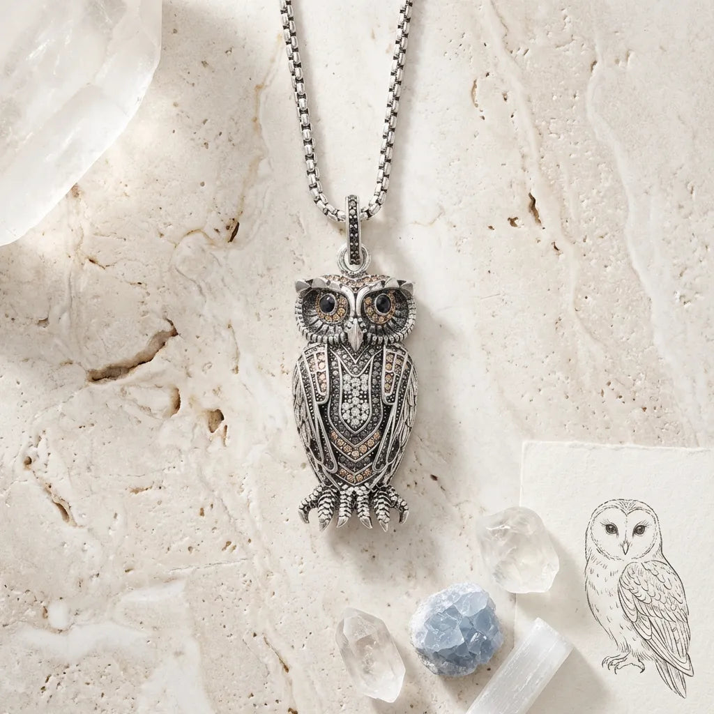 Silver owl pendant necklace on a textured stone surface with crystals and an inset illustration.