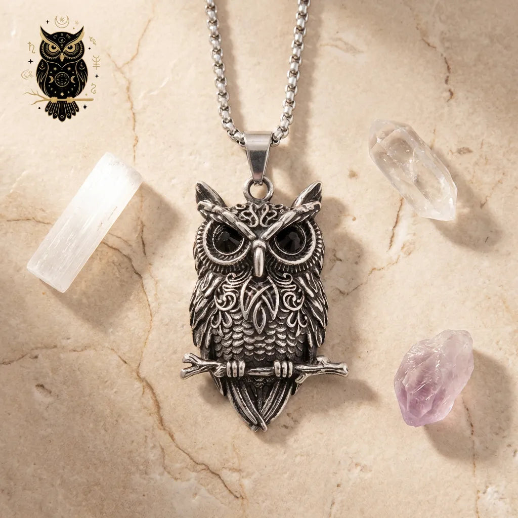Silver owl pendant necklace on a stone surface with crystals