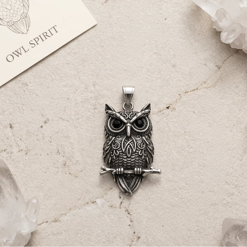 Silver owl pendant necklace on a beige surface with crystals and a card.
