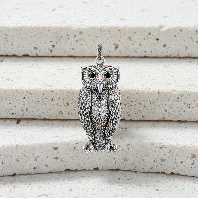 spirit animal owl pendant with intricate design on a white background