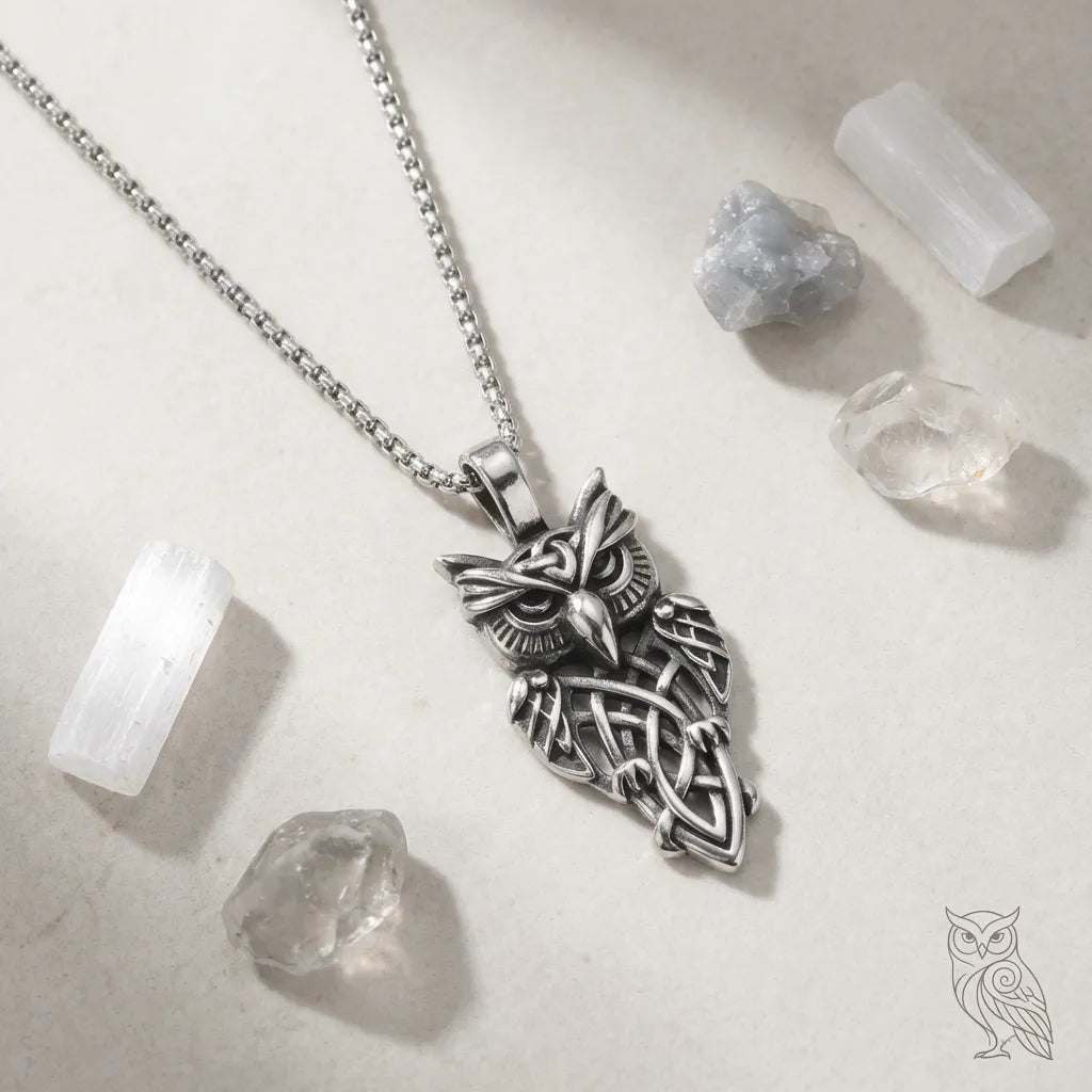 Silver owl pendant necklace with crystals on a light background
