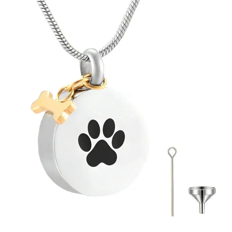 Paw Print Round Pendant Memorial Necklace with Dog Bone Keepsake for Ashes - Mystic Soul Jewelry