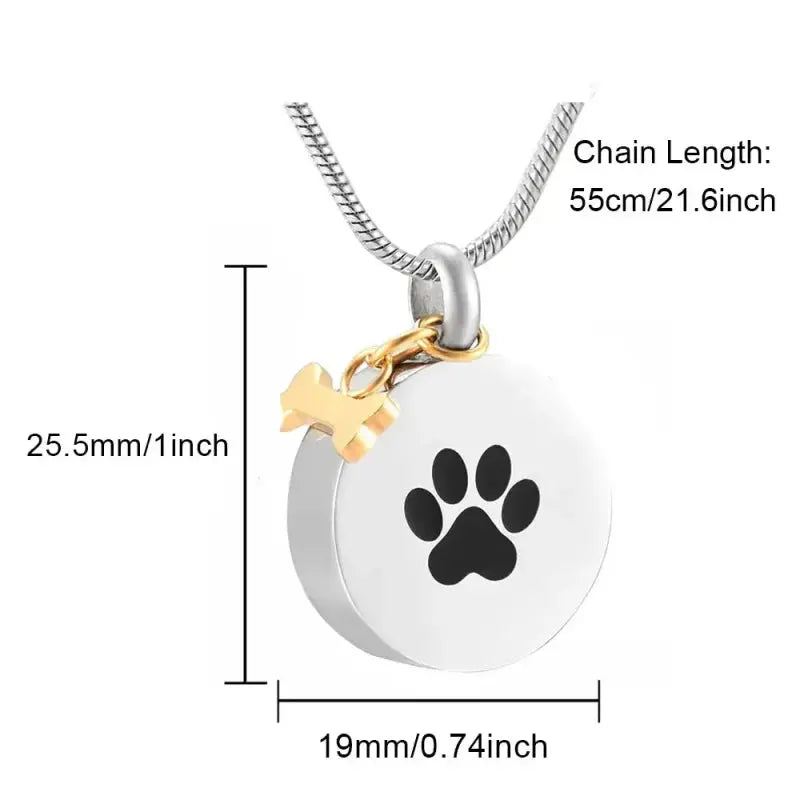 Paw Print Round Pendant Memorial Necklace with Dog Bone Keepsake for Ashes - Mystic Soul Jewelry