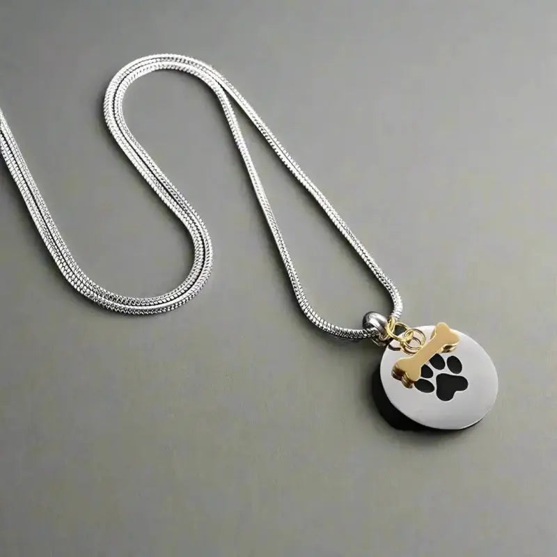 Paw Print Round Pendant Memorial Necklace with Dog Bone Keepsake for Ashes - Mystic Soul Jewelry