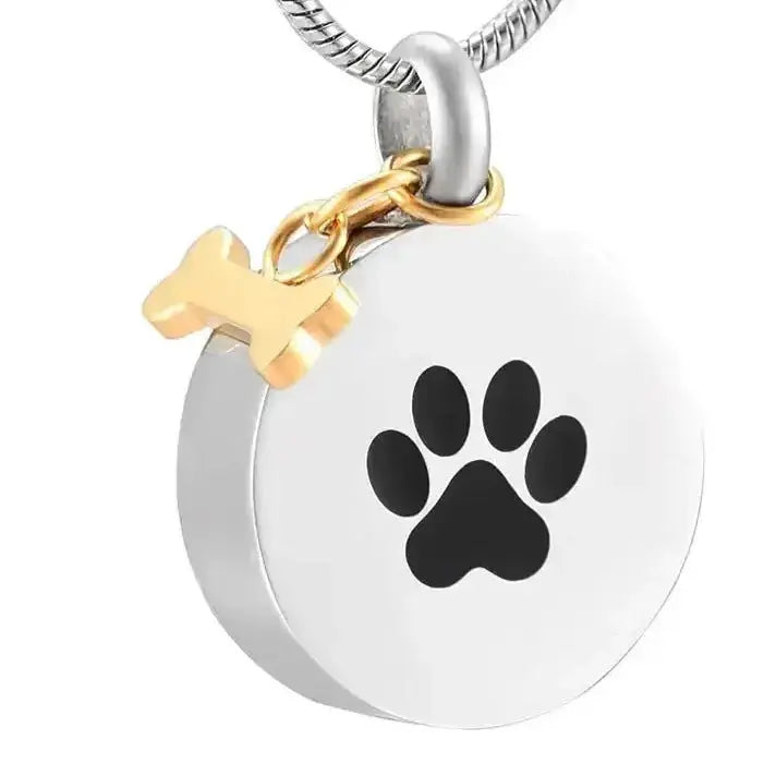 Paw Print Round Pendant Memorial Necklace with Dog Bone Keepsake for Ashes - Mystic Soul Jewelry