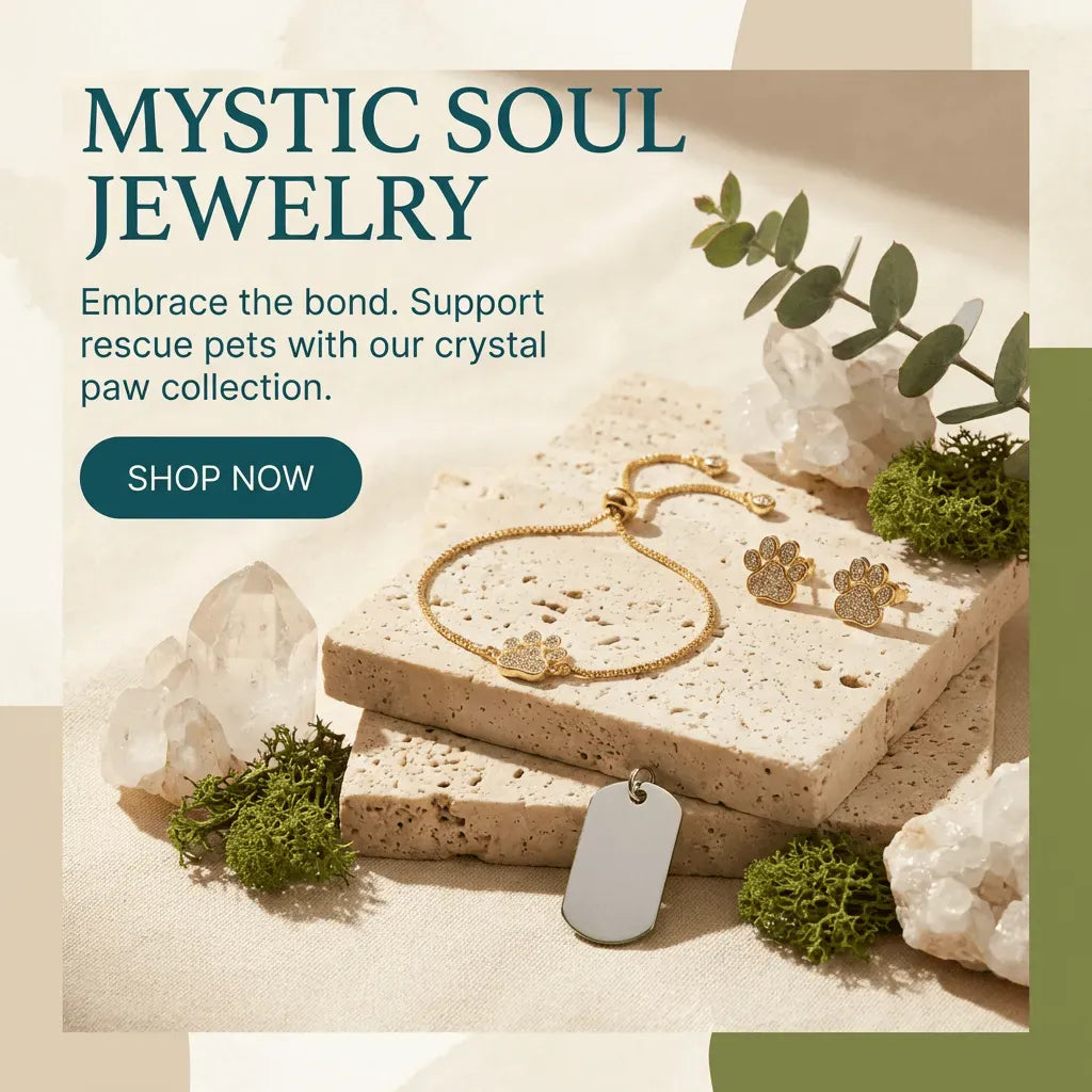 Mystic Soul Jewelry display with gold bracelet, paw-shaped earrings, and dog tag on a stone surface with crystals and greenery.