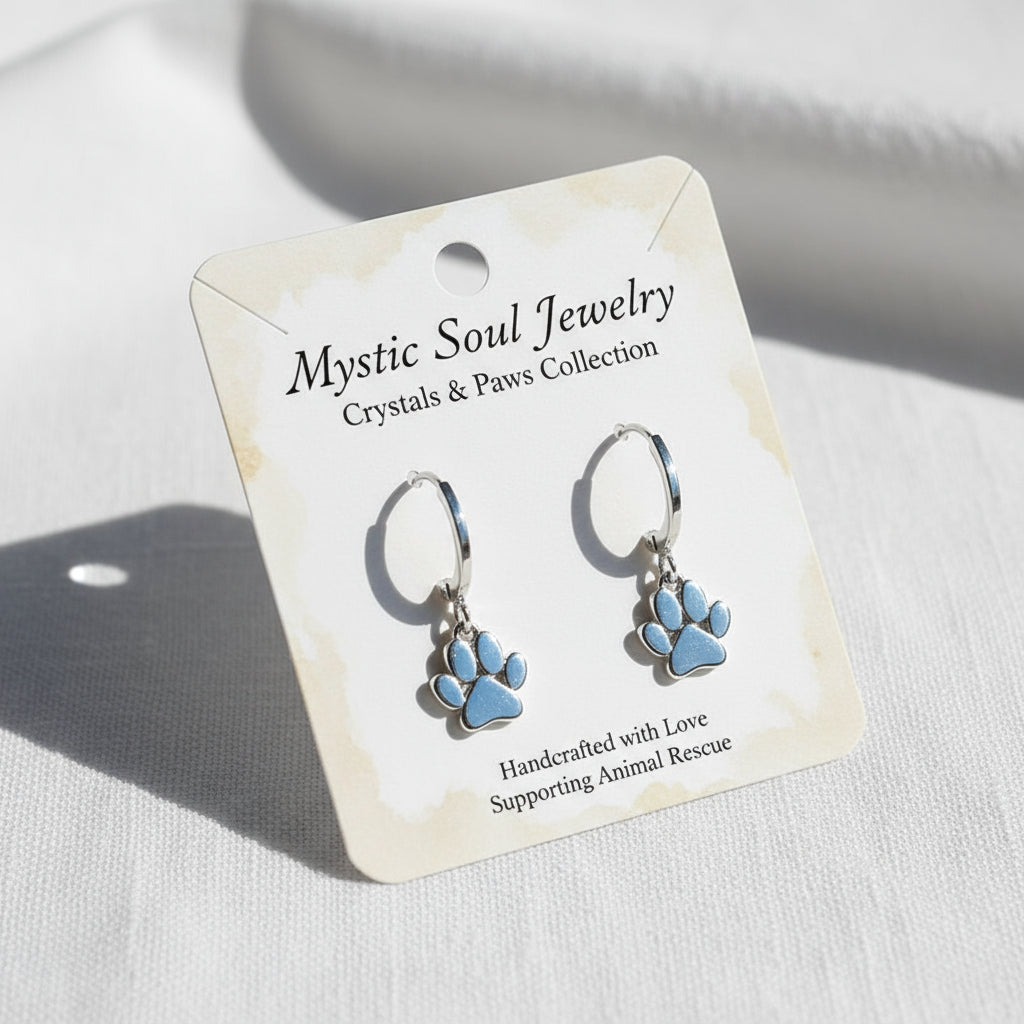 Silver paw print earrings on a white background
