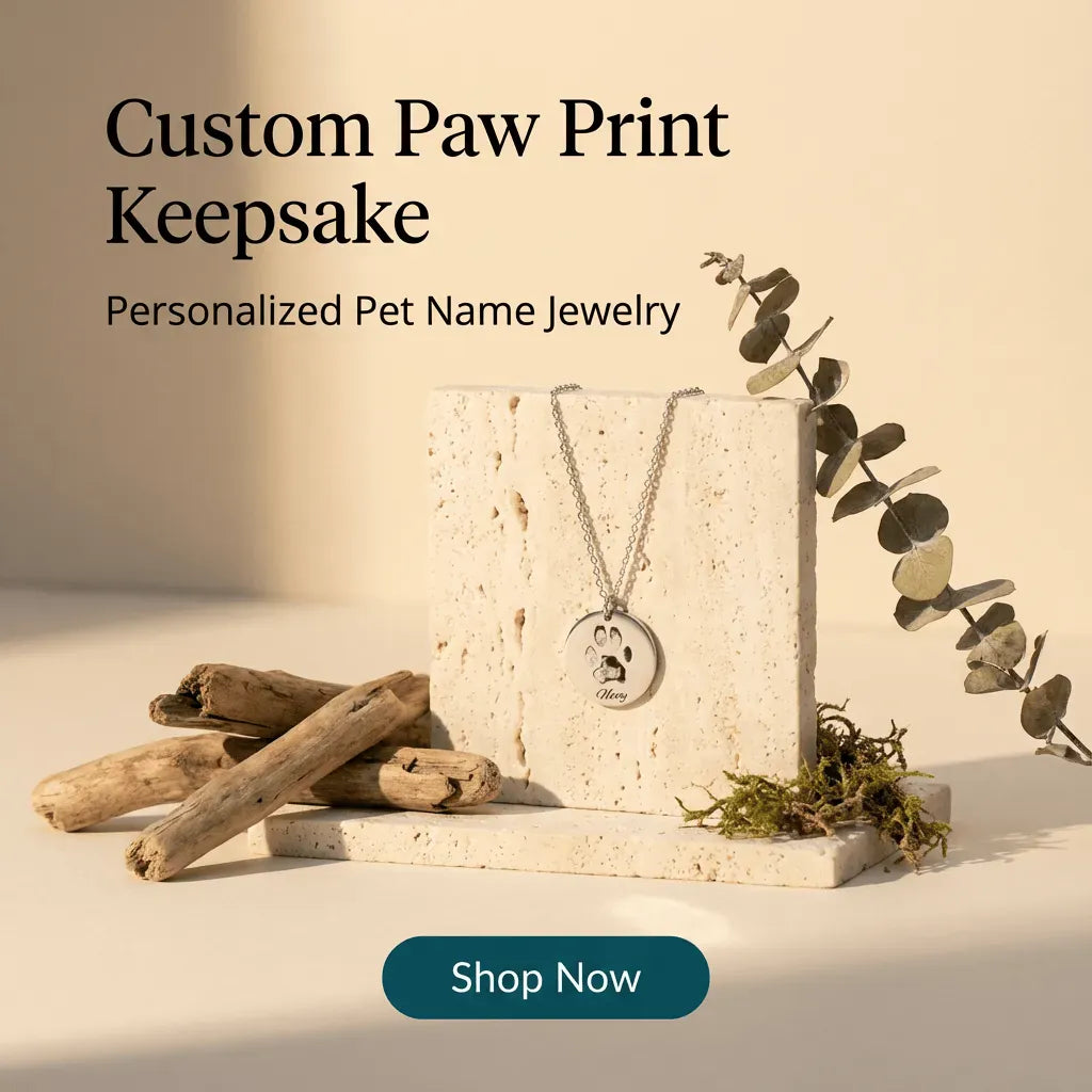 Custom paw print keepsake jewelry on a neutral background with text and 'Shop Now' button.