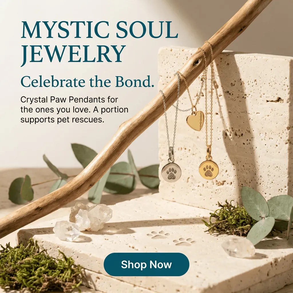 Mystic Soul Jewelry advertisement with crystal paw pendants on a natural background.