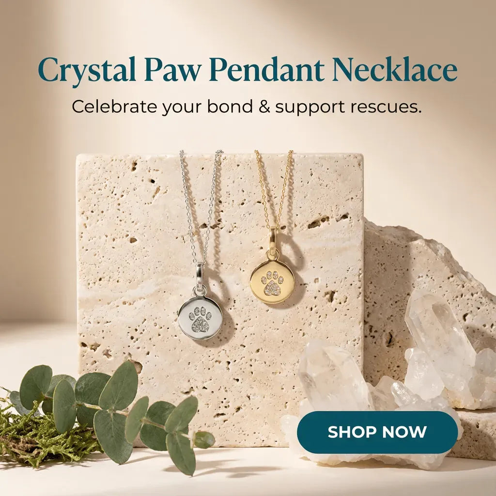 Crystal Paw Pendant Necklaces on a stone surface with text encouraging support for rescues.