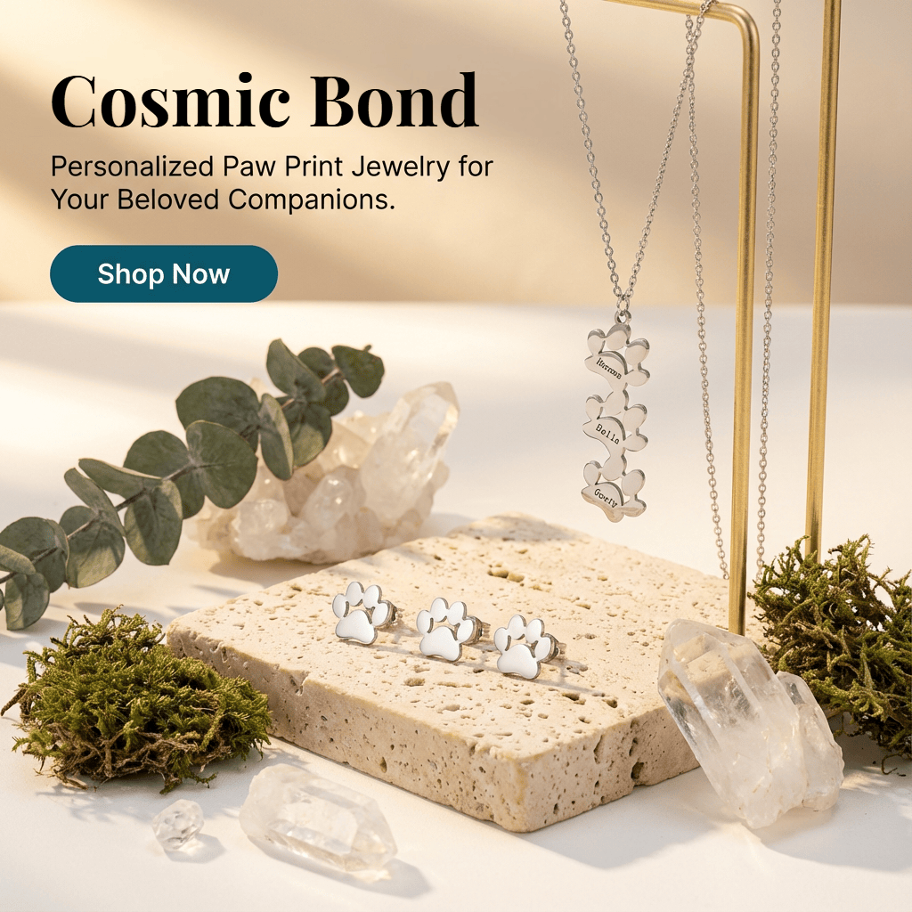 Personalized paw print jewelry set with crystals and greenery on a neutral background