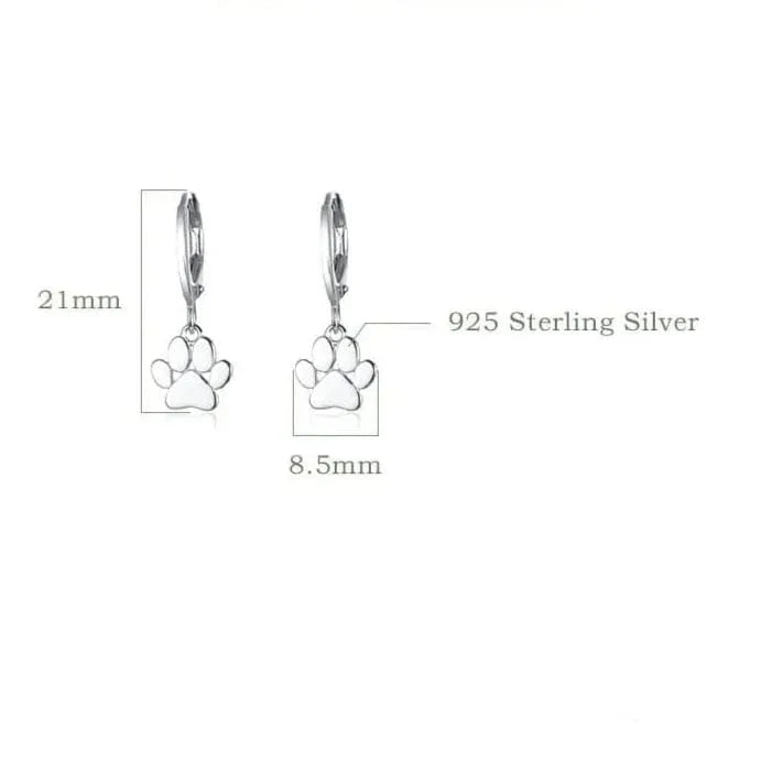 Silver paw print earrings with product data on a white background