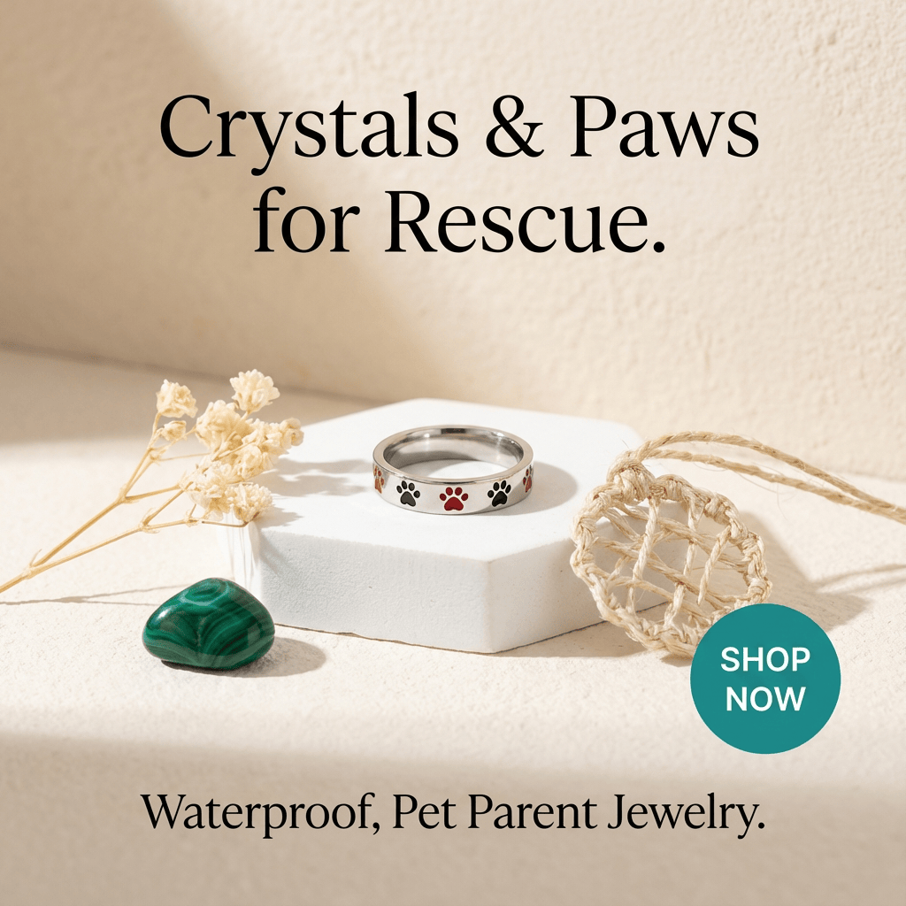 Jewelry with paw prints and crystals on a beige background, promoting 'Crystals & Paws for Rescue' jewelry.