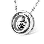 Silver necklace with a heart-shaped pendant featuring a paw print on a white background