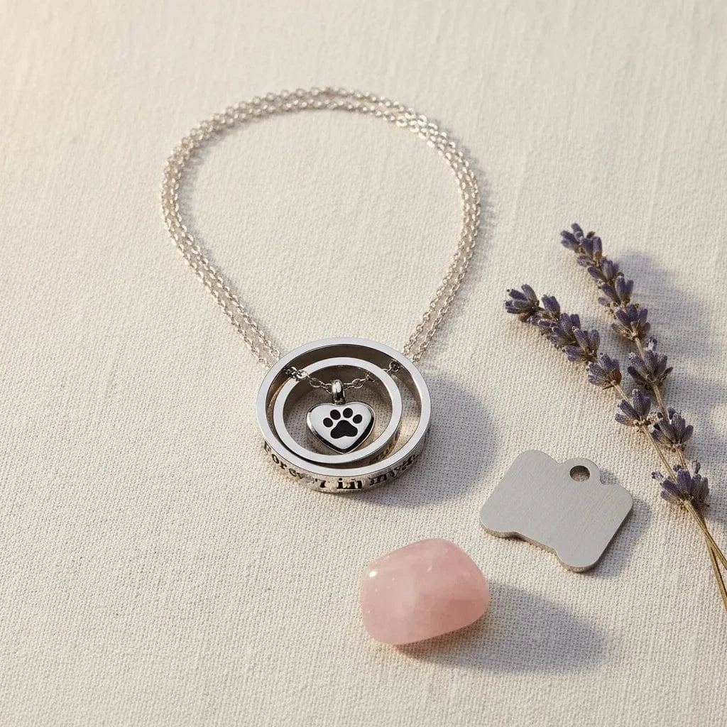Necklace with paw print charm on a light surface with a pink stone and lavender.