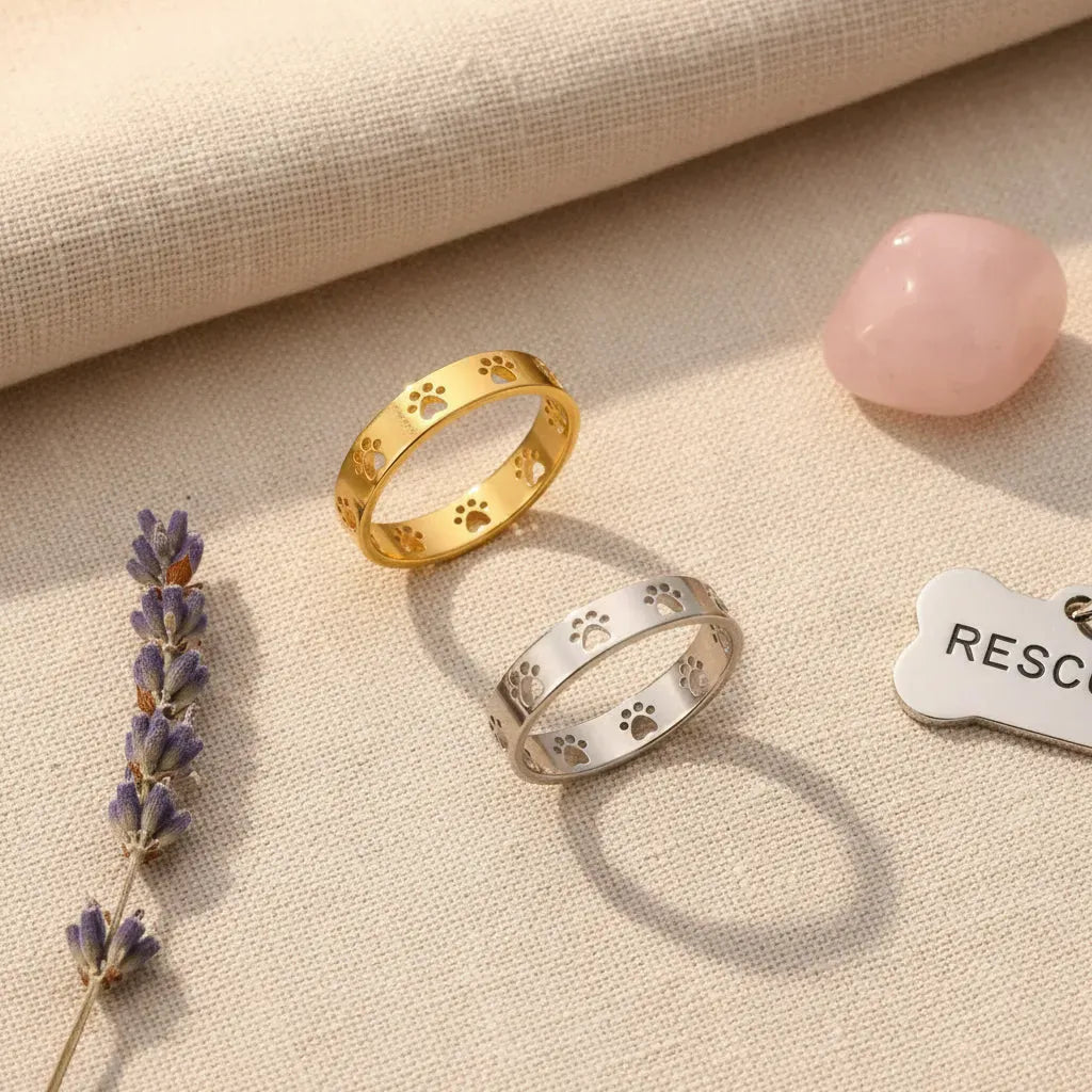 Gold and silver paw print rings on a beige background