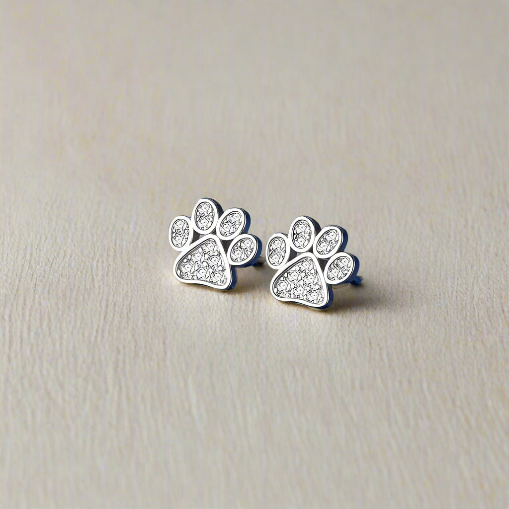 Paw print earrings on a blue background