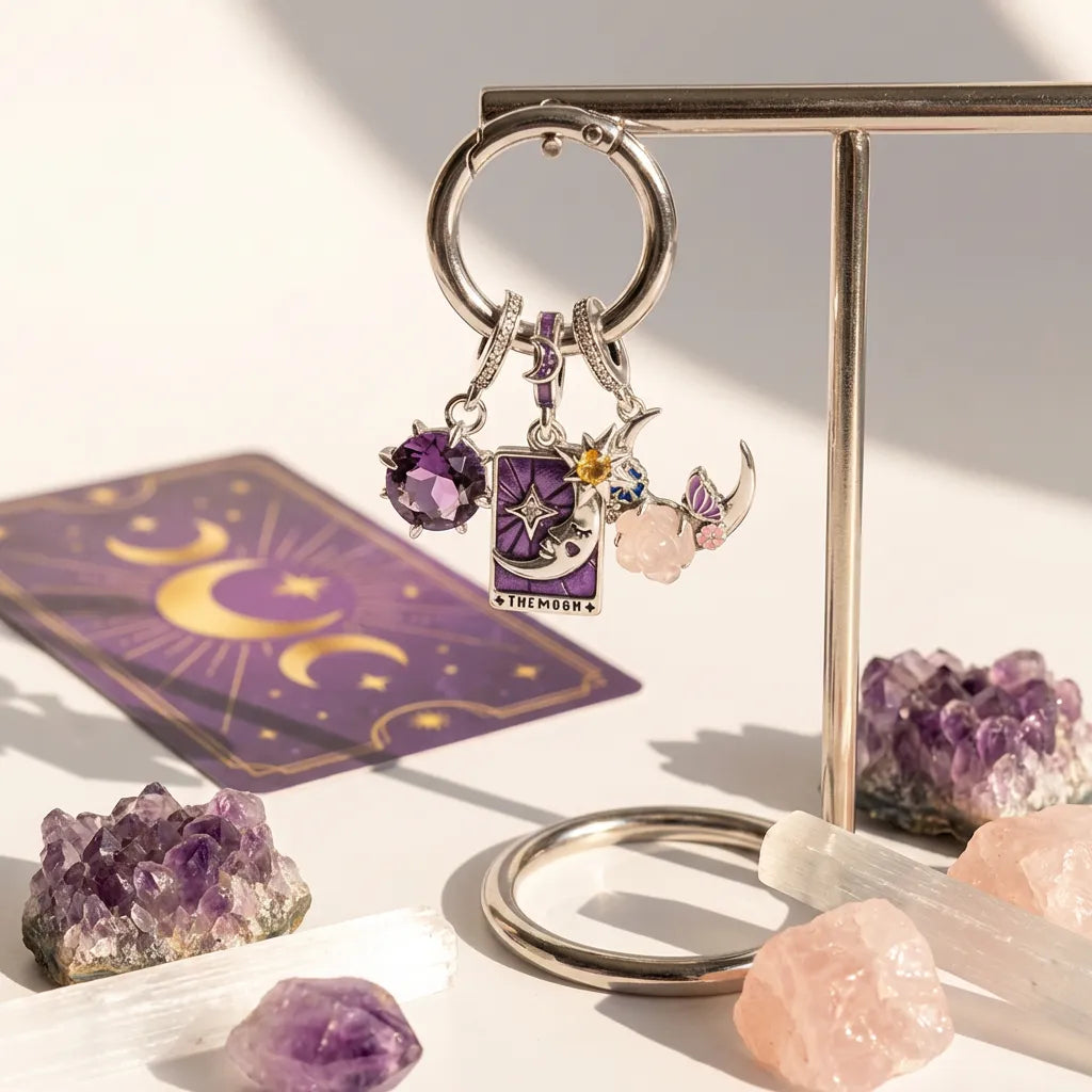 Keychain with charms on a tarot card and crystals background