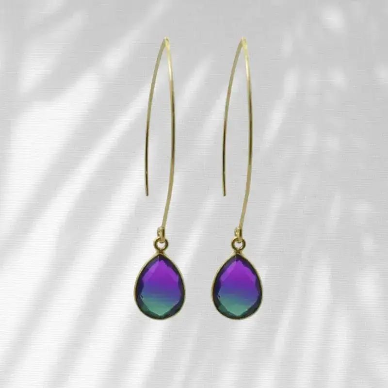 Peacock Aura Drop Long Gold Earrings - Mystic Soul Jewelry