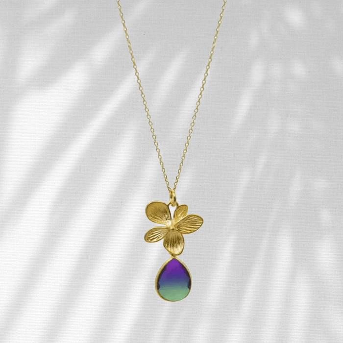 Peacock Aura Single Bloom Plumeria Gold Necklace - Mystic Soul Jewelry