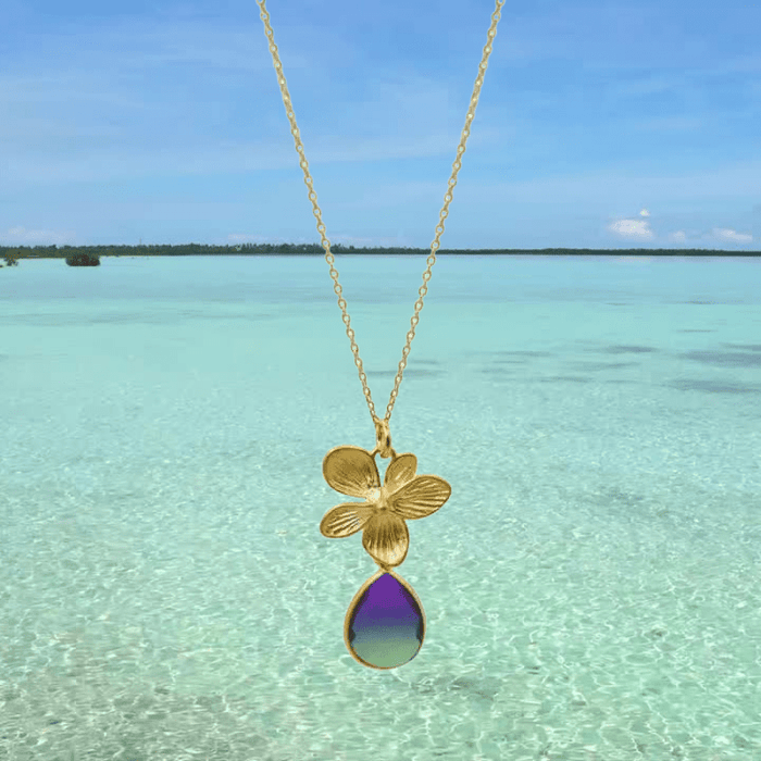 Peacock Aura Single Bloom Plumeria Gold Necklace - Mystic Soul Jewelry