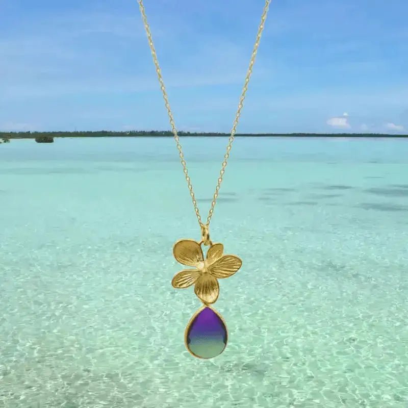 Peacock Aura Single Bloom Plumeria Gold Necklace - Mystic Soul Jewelry