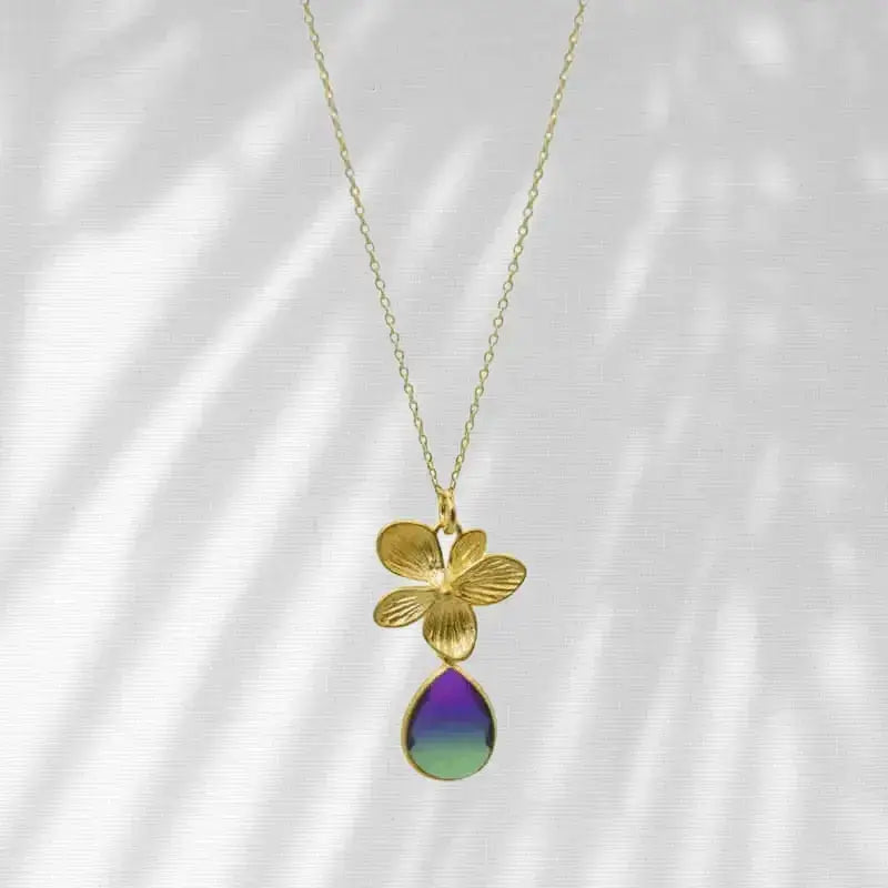 Peacock Aura Single Bloom Plumeria Gold Necklace - Mystic Soul Jewelry